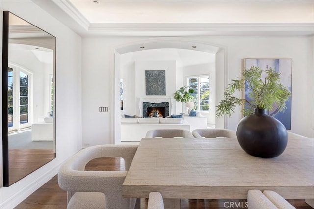 dining area with a premium fireplace, wood-type flooring, and crown molding