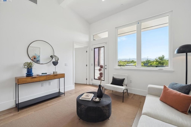 living room with high vaulted ceiling and light wood-type flooring