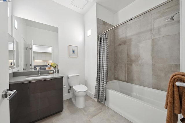 full bathroom featuring vanity, tile patterned floors, shower / bath combination with curtain, and toilet