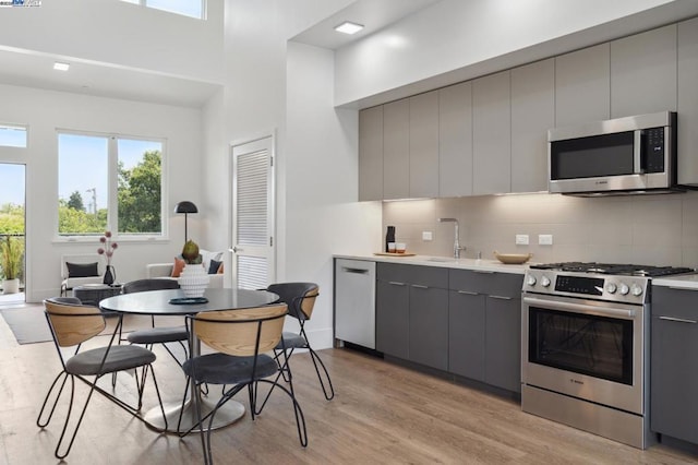 kitchen with appliances with stainless steel finishes, gray cabinets, light wood-type flooring, and backsplash