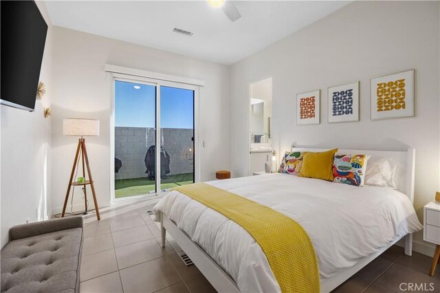 3712 Ambassador Dr, Palm Springs, CA 92262 - tiled bedroom with visible vents, connected bathroom, access to outside, and a ceiling fan