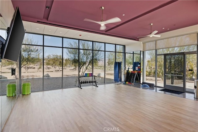 3712 Ambassador Dr, Palm Springs, CA 92262 - workout room with ceiling fan, expansive windows, and wood finished floors