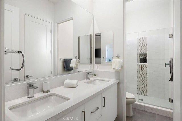 3712 Ambassador Dr, Palm Springs, CA 92262 - full bath featuring a shower stall, toilet, double vanity, and tile patterned floors