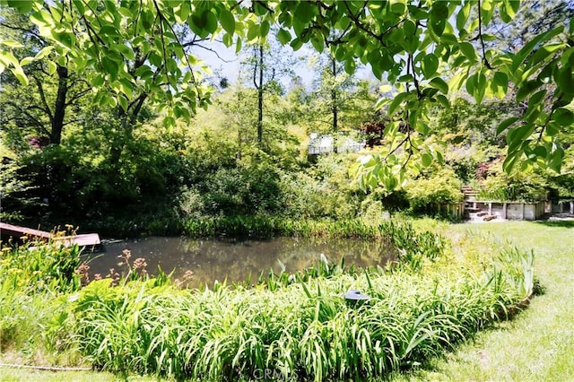 view of yard with a water view