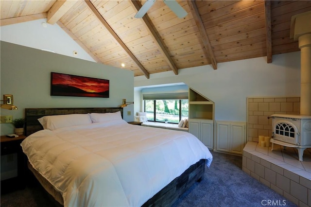 carpeted bedroom featuring wood ceiling, beam ceiling, high vaulted ceiling, and a wood stove