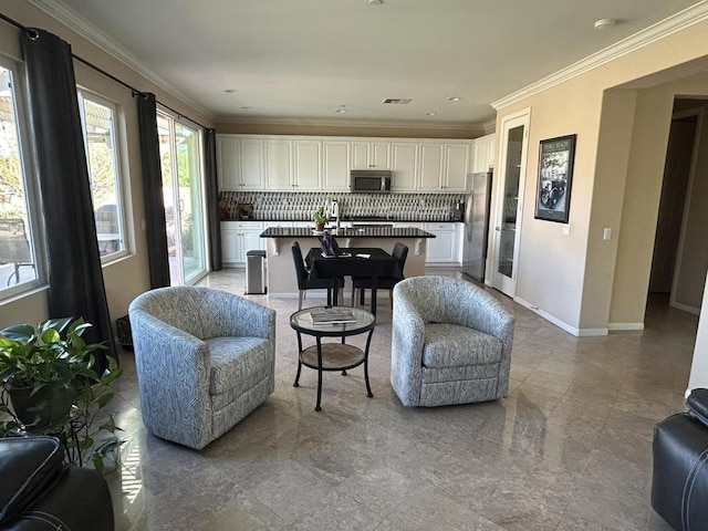 living room with crown molding