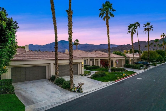 single story home featuring a garage and a mountain view