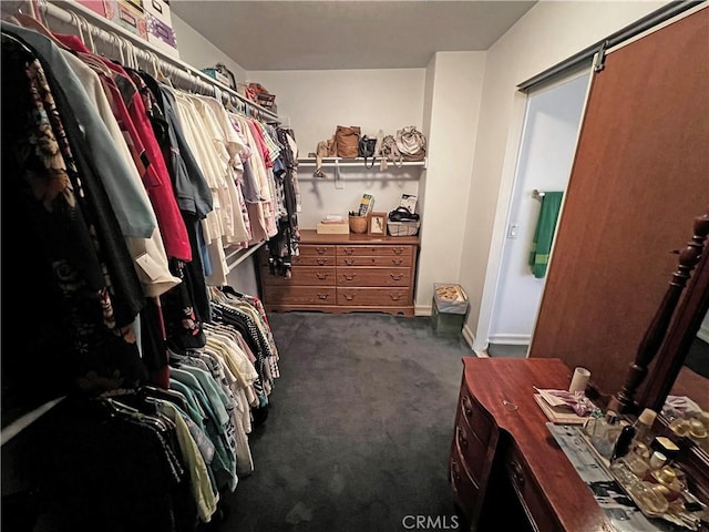 walk in closet featuring dark carpet