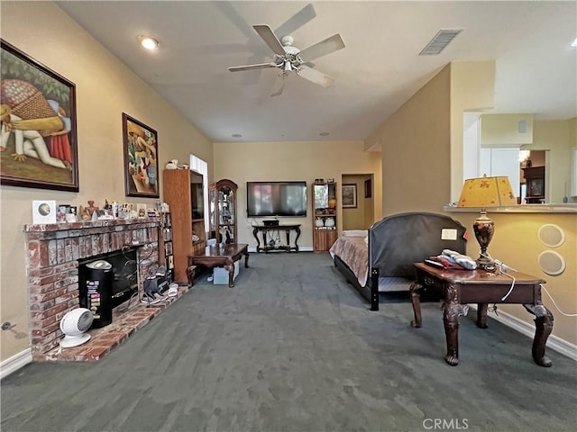 carpeted living room with ceiling fan