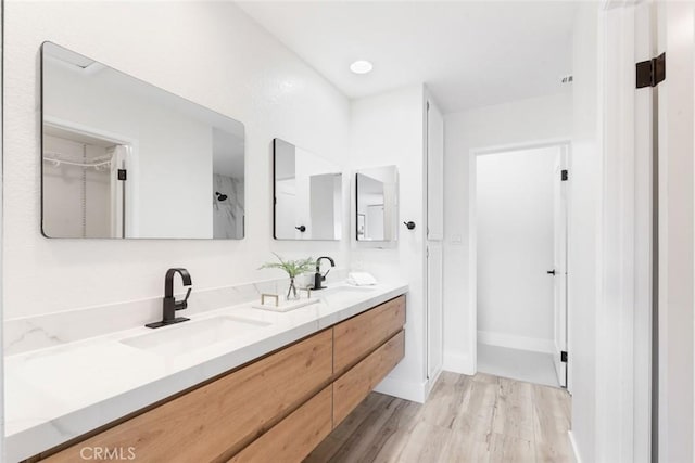 bathroom with vanity and hardwood / wood-style floors