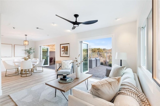 living room with ceiling fan and light hardwood / wood-style flooring