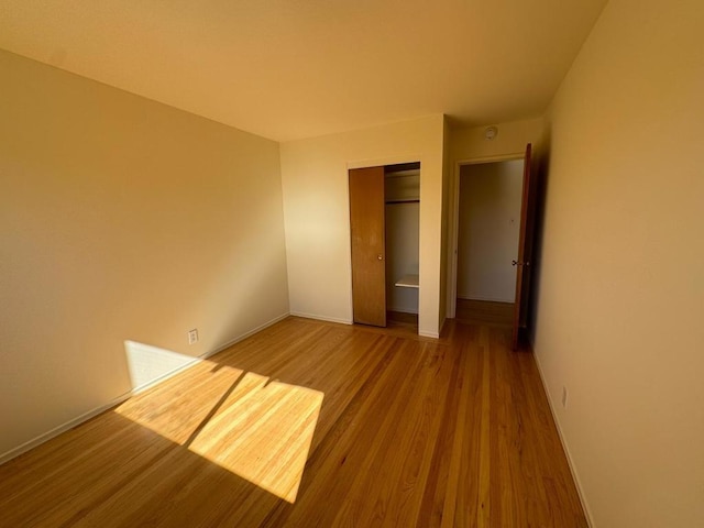 unfurnished bedroom featuring wood-type flooring and a closet