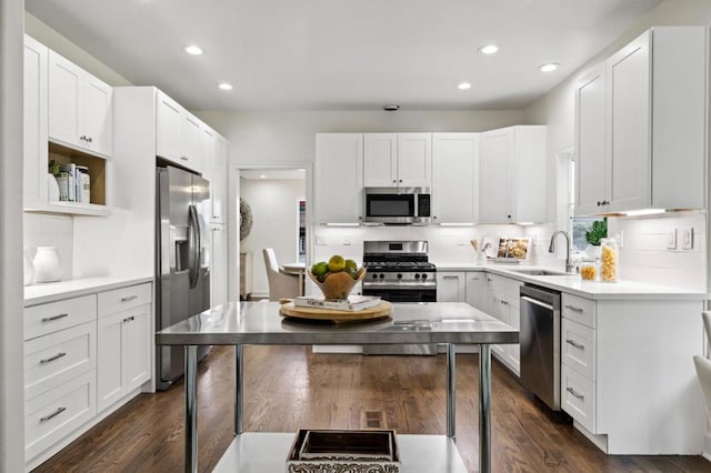 kitchen with white cabinetry, sink, dark hardwood / wood-style floors, and appliances with stainless steel finishes