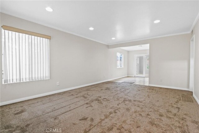 unfurnished room with crown molding and carpet floors