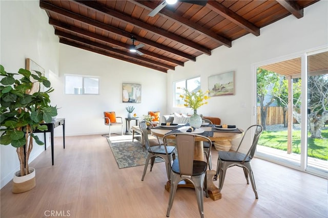 dining area with lofted ceiling with beams, a wealth of natural light, wood ceiling, and ceiling fan