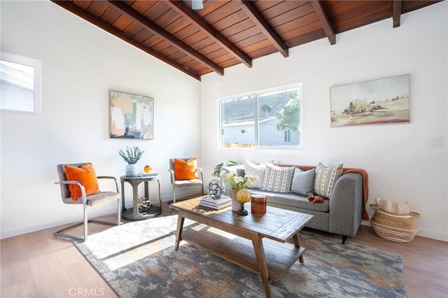 living room with wood ceiling, wood-type flooring, and vaulted ceiling with beams