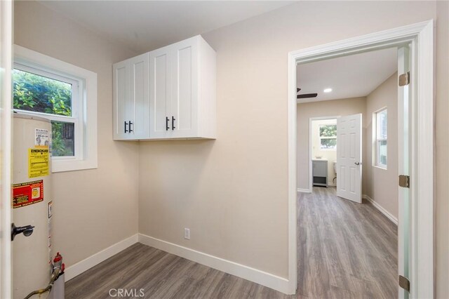 laundry area featuring gas water heater and wood-type flooring