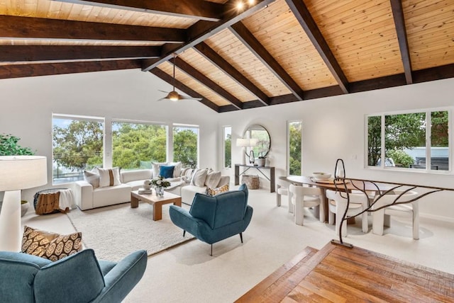 living room with wood ceiling, beam ceiling, high vaulted ceiling, and carpet flooring