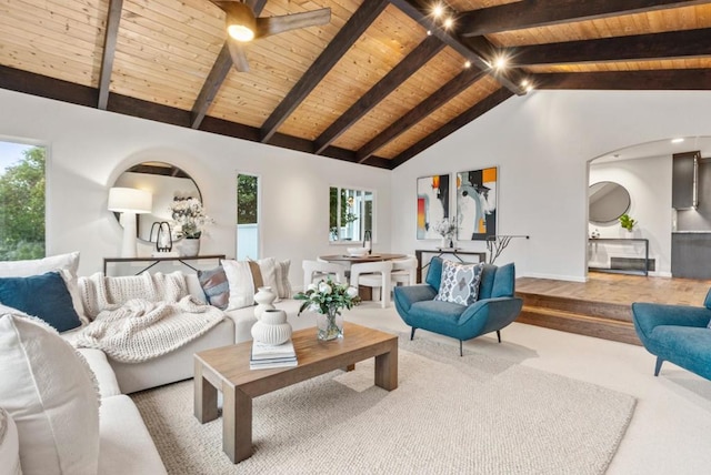 living room featuring beam ceiling, wood ceiling, and high vaulted ceiling