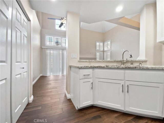 kitchen with light stone counters, dark hardwood / wood-style flooring, sink, and white cabinets