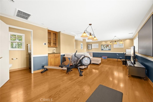 exercise area featuring crown molding, sink, and light hardwood / wood-style floors