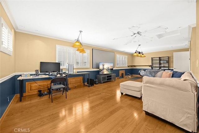 interior space with ornamental molding and light wood-type flooring