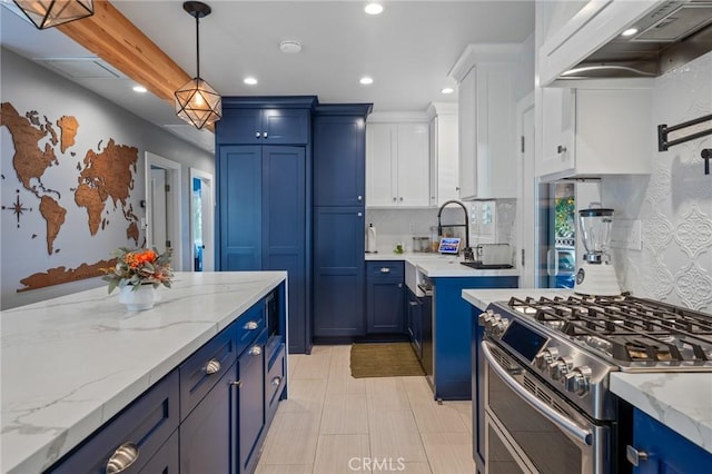 kitchen with light stone counters, double oven range, custom exhaust hood, and blue cabinetry