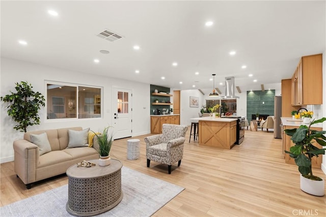 living room with light hardwood / wood-style flooring