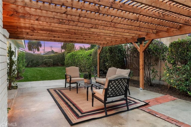 patio terrace at dusk featuring an outdoor living space and a pergola