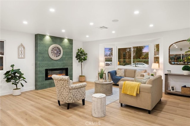 living room featuring a fireplace and light hardwood / wood-style floors