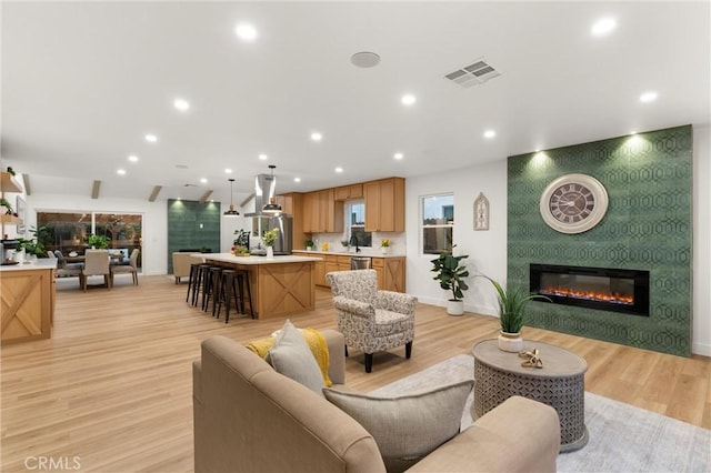 living room with a large fireplace, sink, and light hardwood / wood-style flooring