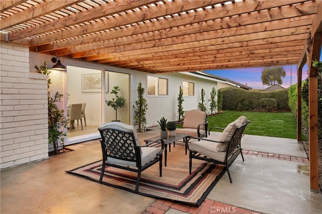 patio terrace at dusk with a pergola