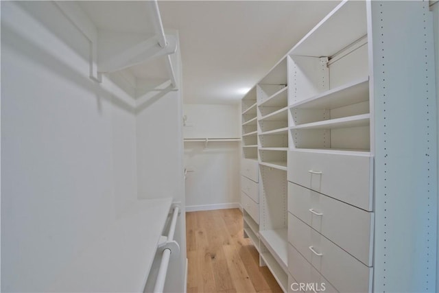 walk in closet with light hardwood / wood-style flooring