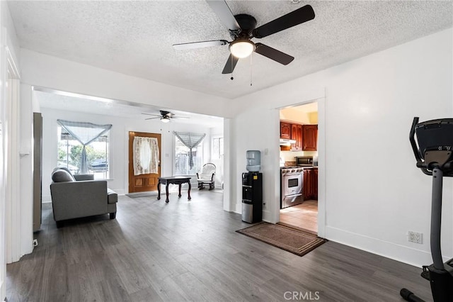 living room featuring dark wood-type flooring and a textured ceiling