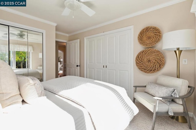 bedroom with ceiling fan, ornamental molding, carpet floors, and two closets