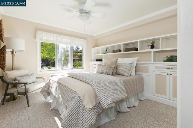 bedroom with crown molding, light carpet, and ceiling fan