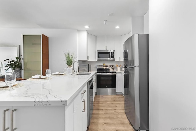 kitchen with sink, light hardwood / wood-style flooring, appliances with stainless steel finishes, white cabinets, and kitchen peninsula