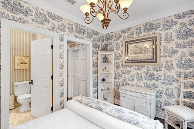 bedroom with crown molding, a chandelier, and ensuite bathroom