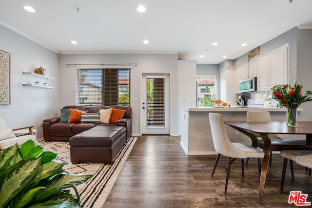 living room featuring crown molding, dark wood-type flooring, and a healthy amount of sunlight