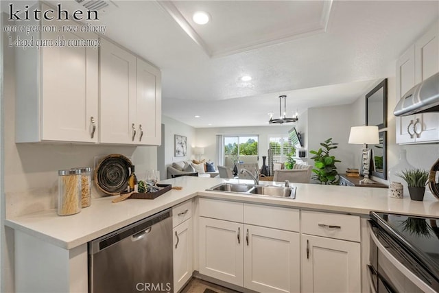 kitchen with sink, stainless steel dishwasher, white cabinets, and kitchen peninsula