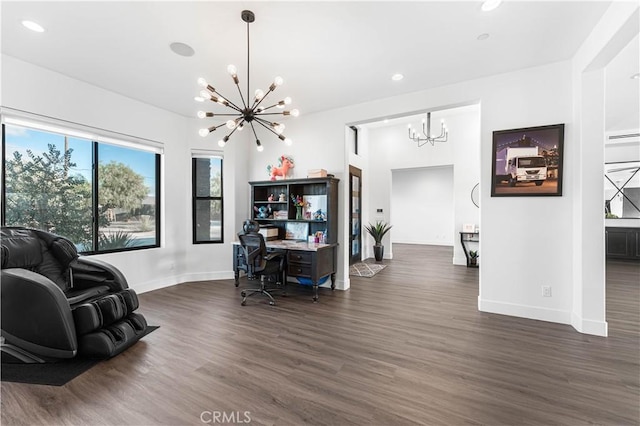 home office featuring dark hardwood / wood-style flooring and an inviting chandelier