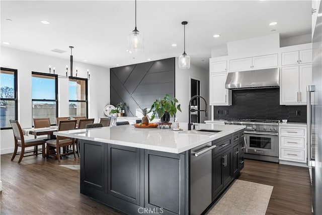 kitchen with pendant lighting, white cabinetry, stainless steel appliances, and an island with sink