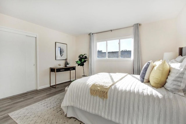 bedroom with wood-type flooring and a closet