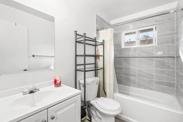 full bathroom with vanity, toilet, and shower / bathtub combination with curtain