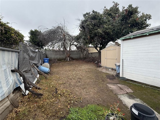 view of yard featuring a storage unit