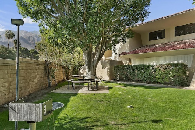 view of yard featuring a mountain view and a patio area