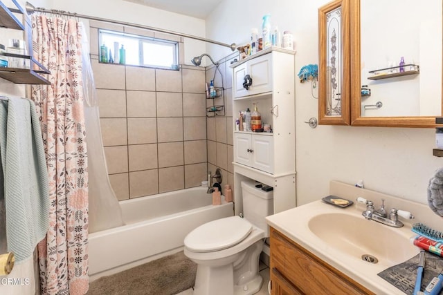 full bathroom featuring vanity, shower / tub combo with curtain, and toilet