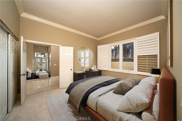 carpeted bedroom with ornamental molding