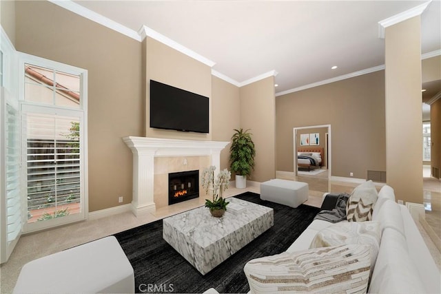 12999 Caminito Pointe Del Mar, Del Mar, CA 92014 - carpeted living room with plenty of natural light, crown molding, recessed lighting, and a high end fireplace