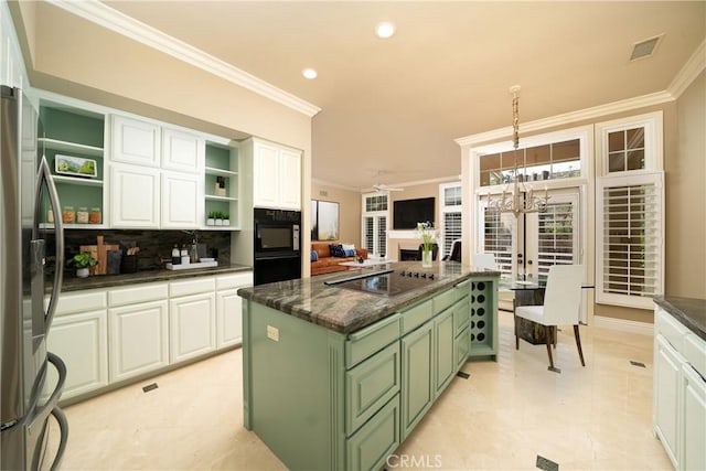 12999 Caminito Pointe Del Mar, Del Mar, CA 92014 - kitchen featuring green cabinetry, open shelves, black appliances, ornamental molding, and white cabinetry